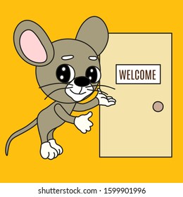  emoticon with a smiling cool mouse that sign invites you to enter the door that says Welcome, vector color clip art