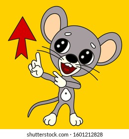 emoticon with a smiling cool mouse, which shows two index fingers up and to the arrow, vector clip art