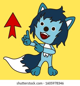 emoticon with a smiling cool wolf with blue wool, which shows two index fingers up and to the arrow, vector clip art