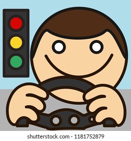 emoticon with smiling driver that is holding a car steering wheel and looking at traffic light, circle shaped vector emoji in color, simplistic colorful pictogram, funny cartoon character from a set