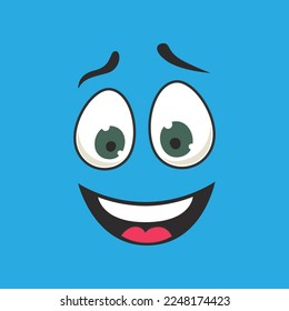 Emoticon with smiling facial expression with teeth vector illustration. Eyes and mouth of cute expressive cartoon character, comic happy face isolated on blue background. Emotions concept