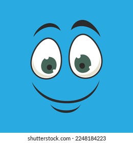 Emoticon with smiling facial expression vector illustration. Eyes and mouth of cute expressive cartoon character, comic happy face isolated on blue background. Emotions concept