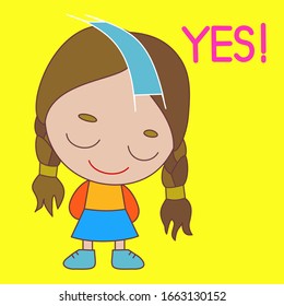 emoticon with smiling girl that is saying yes and nodding, simple colored emoji, vector in color, bay like personage with thick outlines, funny cartoon character from a set