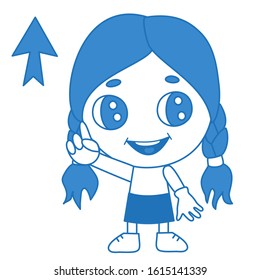 emoticon with a smiling girl, which shows two index fingers up and to the arrow, vector clip art