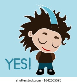 emoticon with smiling guy that is saying yes and nodding, simple colored emoji, vector in color, bay like personage with thick outlines, funny cartoon character from a set