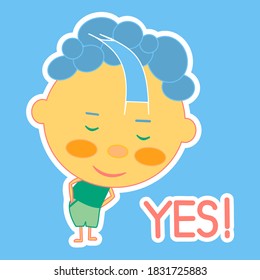 emoticon with smiling guy that is saying yes and nodding, simple colored emoji, vector in color, bay like personage with thick outlines, funny cartoon character