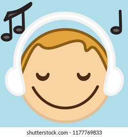 emoticon with smiling man listening to the music while wearing white headphones which is indicated by music notes flying around, circle shaped vector emoji in color, simplistic colorful pictogram