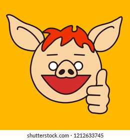 emoticon with smiling pig character that is showing a thumbs up gesture to express like or plus one social networks action, vector emoji drawn by hand in color, simplistic colorful picture