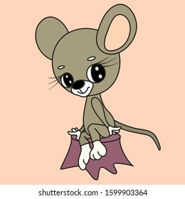 emoticon with a smiling pretty shy but flirty mouse girl sitting on a stump, vector clip art