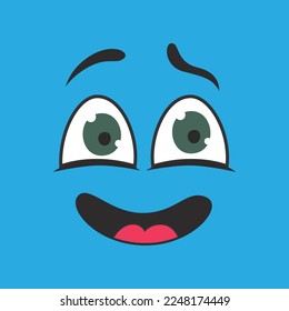 Emoticon with smiling wide facial expression vector illustration. Eyes and mouth of cute expressive cartoon character, comic happy face isolated on blue background. Emotions concept