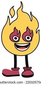 Emoticon for social media communication and expressing emotions in web. Isolated sticker of fire, flame with face and smile or laugh, legs wearing boots. Burning laughter. Vector in flat style