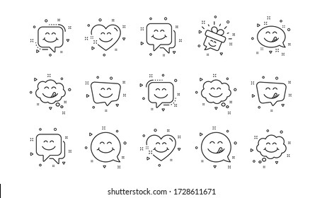 Emoticon speech bubble, social media message, smile with tongue. Yummy smile line icons. Tasty food eating emoji face icons. Delicious yummy, happy emoticon. Linear set. Geometric elements. Vector