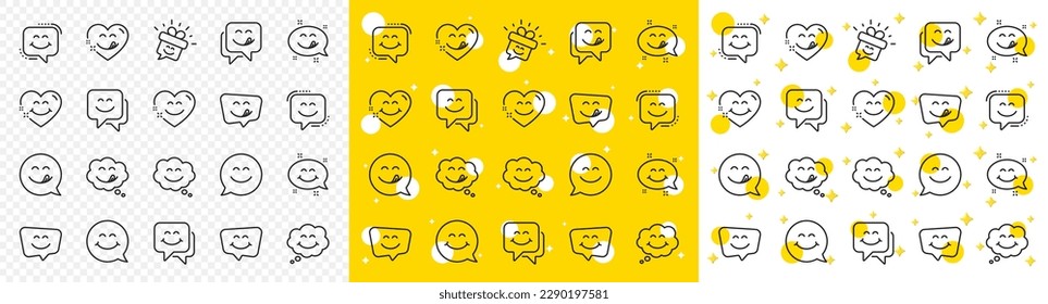 Emoticon speech bubble, social media message, smile with tongue. Yummy smile line icons. Tasty food eating emoji face icons. Delicious yummy speech bubble, happy emoticon. Vector