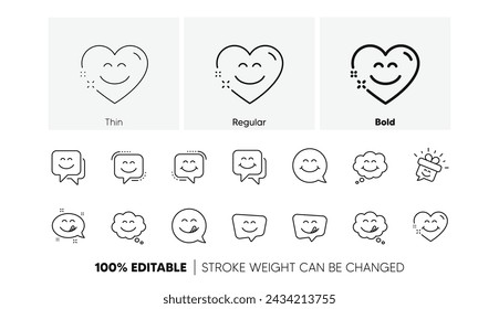 Emoticon Sprechblase, Social Media Nachricht, Lächeln mit der Zunge. Leckere Smile Line-Symbole. Leckeres Essen, das Emoji-Gesichtssymbole isst. Lecker lecker, glückliches Emoticon. Linearer Satz. Liniensymbole gesetzt. Vektor