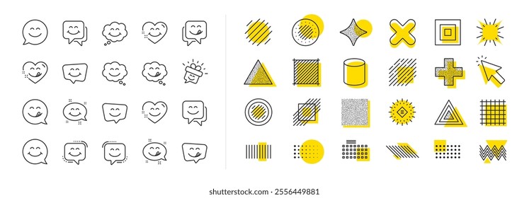 Emoticon speech bubble, social media message, smile with tongue. Design shape elements. Yummy smile line icons. Tasty food eating emoji face icons. Vector