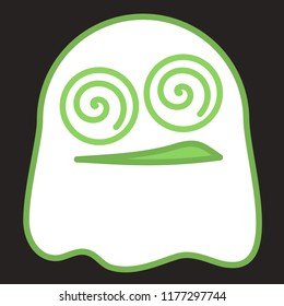 emoticon with spooky ghost or poltergeist with scary hypnotizing spiral eyes, circle shaped vector emoji in color, simplistic colorful pictogram, ball like personage with thick outlines