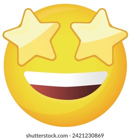 Emoticon with stars instead of eyes isolated on white, vector illustration. Representing admiration, respect, euphoria, excitement, delight