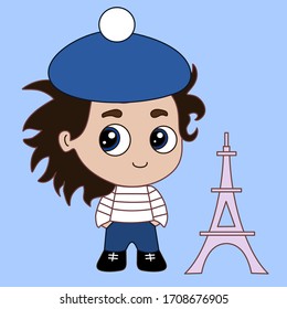 emoticon with stereotypical french boy in a traditional beret or berret that is standing in front of the Eiffel Tower in France with smile on his face