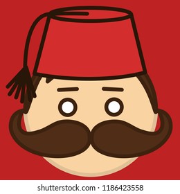 emoticon with stereotypical turkish muslim man with mustache that is wearing traditional ethnic fez or tarboosh with tassel, circle shaped vector emoji in color, simplistic colorful pictogram