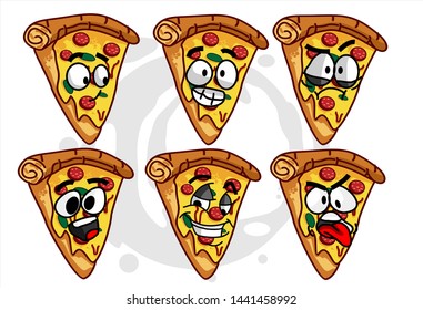 emoticon stickers. set of funny Pizza cartoon character Mascot with various face expression. Vector Illustration Isolated On White Background