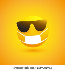 Emoticon with Sunglasses and Medical Mask on Yellow Background - Vector Design
