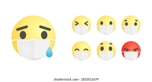 Emoticon con ilustración vectorial de conjunto de mascarillas quirúrgicas