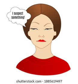 emoticon with suspicious expression, woman cartoon character, simple hand drawn icon from a set, simplistic vector illustration