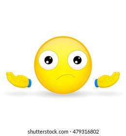 Emoticon throws up his hands. I do not know emoticon. I have not emoticon. No idea emoji. Amazement emotion. Vector illustration smile icon.