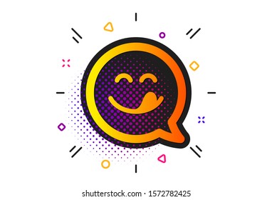 Emoticon with tongue sign. Halftone circles pattern. Yummy smile icon. Speech bubble symbol. Classic flat yummy smile icon. Vector