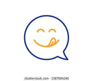Emoticon with tongue sign. Yummy smile line icon. Speech bubble symbol. Colorful outline concept. Blue and orange thin line yummy smile icon. Vector