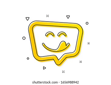 Emoticon with tongue sign. Yummy smile icon. Speech bubble symbol. Yellow circles pattern. Classic yummy smile icon. Geometric elements. Vector