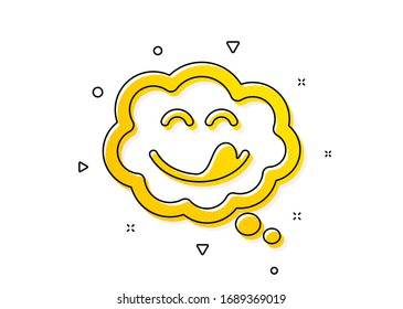 Emoticon with tongue sign. Yummy smile icon. Comic speech bubble symbol. Yellow circles pattern. Classic yummy smile icon. Geometric elements. Vector