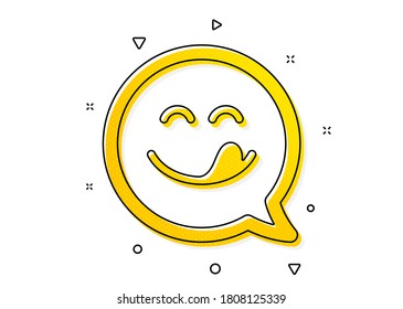 Emoticon with tongue sign. Yummy smile icon. Speech bubble symbol. Yellow circles pattern. Classic yummy smile icon. Geometric elements. Vector