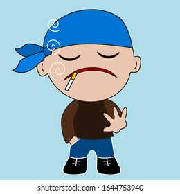 emoticon with tough guy in bandanna that is smoking a cigarette & living his life like a thug, simplistic vector emoji in color, funny cartoon character from a set