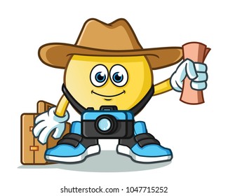 emoticon traveler with camera, map, hat, and suitcase mascot vector cartoon illustration