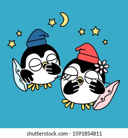 emoticon with two sleepy penguins in nightcaps that stand near pillows and yawn, covering their mouth with their hand on a blue isolated background with the moon and stars