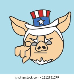 emoticon with Uncle Sam pig pointing finger at you, usa mascot wants you for US army, american government or president personification in striped tophat with stars, vector emoji drawn by hand in color