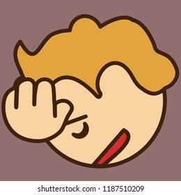 emoticon with upset guy with headache that is feeling bad or sick & holding his head in pain, circle shaped vector emoji in color, simplistic colorful pictogram, funny cartoon character from a set