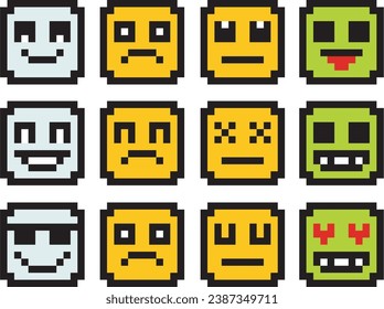 emoticon with various emotions cute faces, pixel art style icons set. colorful vector graphic for sticker,etc