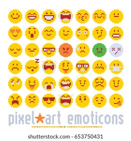 emoticon with various emotions cute faces, pixel art style icons set. colorful vector graphic illustrations isolated on white background.