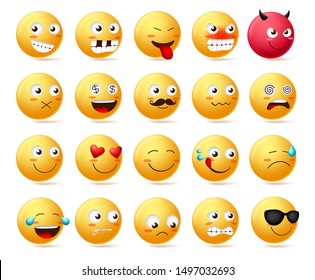 Emoticon vector character face set. Cute faces emoji in side view with happy, angry, scared, silent, sad, evil and inlove isolated in white background. Vector illustration.