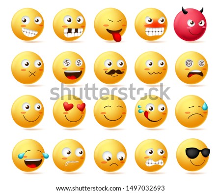 Emoticon vector character face set. Cute faces emoji in side view with happy, angry, scared, silent, sad, evil and inlove isolated in white background. Vector illustration.