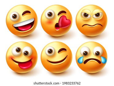 Emoticon vector character set. Emoji 3d characters with facial expressions happy, angry, crying and winking isolated in white background for emoticon design collection . Vector illustration