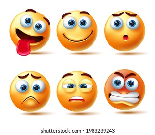 Emoticon vector character set. Emoji 3d emoticons isolated in white background with face like happy, sad, angry and sleepy emotion for facial expressions collection design. Vector illustration