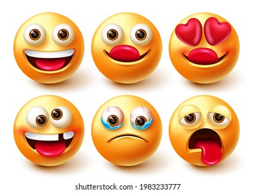 Emoticon vector characters set. Emoji 3d character isolated in white background with happy, crazy, in love and teary eyes emotion emoticons for emojis design collection. Vector illustration