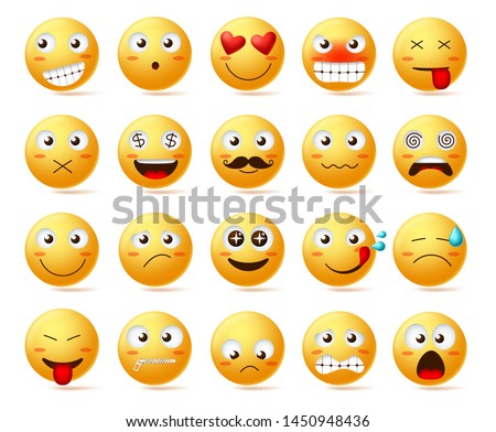 Emoticon vector icon set. Emoji face or yellow emoticon with facial expressions and emotions like happy, inlove, confused and dizzy isolated in white background. Vector illustration.
