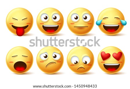 Emoticon vector icon set. Emojis and funny smiling face with happy, sad, inlove and naughty facial expressions isolated in white for design elements. Vector illustration.
