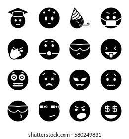emoticon vector icons. Set of 16 emoticon filled icons such as sad emot, cool emot in sunglasses, graduate emoji, dollar smiley