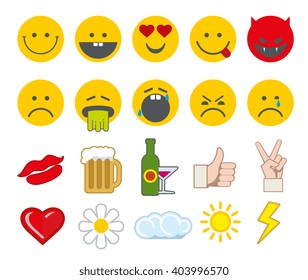 Emoticon vector icons set with thumbs up, chat, heart and other icons. Angry smiley, funny smiley, barf face smiley illustration