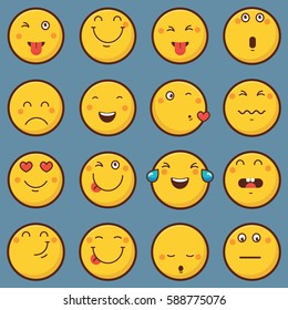 Emoticon vector illustration. Emoticon face on a blue background. Different emotions collection.